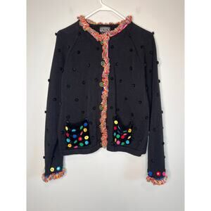 2000s Berek 2 Rainbow Polka Dot Chenille Sparkle Maximalist Fringe Cardigan L